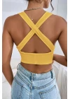 Kadın Sarı Çapraz Sırt Detaylı Şık Crop Top Büstiyer