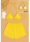 Kadın Sarı Şortlu Belden ve Boyundan Bağlamalı Bikini Takımı