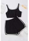 Kadın Siyah Askılı Crop Top ve Şortlu Gecelik Takım