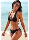 Kadın Siyah Belden, Boyundan Bağlamalı ve Ayarlanabilir Külotlu Üçgen Bikini Mayo Takımı