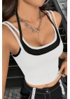Kadın Siyah Beyaz Çift Renk Çapraz Askılı Crop Top Bluz