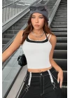 Kadın Siyah Beyaz Çift Renk Çapraz Askılı Crop Top Bluz