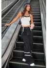 Kadın Siyah Beyaz Çift Renk Çapraz Askılı Crop Top Bluz