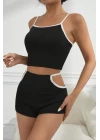 Kadın Siyah Beyaz Şortlu Cut-Out Detaylı Gecelik Takımı
