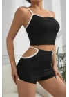 Kadın Siyah Beyaz Şortlu Cut-Out Detaylı Gecelik Takımı