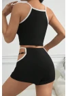 Kadın Siyah Beyaz Şortlu Cut-Out Detaylı Gecelik Takımı