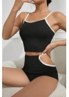 Kadın Siyah Beyaz Şortlu Cut-Out Detaylı Gecelik Takımı