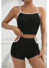 Kadın Siyah Beyaz Şortlu Cut-Out Detaylı Gecelik Takımı