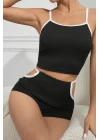 Kadın Siyah Beyaz Şortlu Cut-Out Detaylı Gecelik Takımı