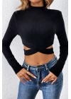 Kadın Siyah Çapraz Bel Detaylı Dik Yaka Uzun Kol Crop Top Bluz