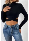 Kadın Siyah Çapraz Bel Detaylı Dik Yaka Uzun Kol Crop Top Bluz