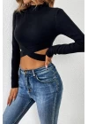 Kadın Siyah Çapraz Bel Detaylı Dik Yaka Uzun Kol Crop Top Bluz