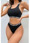 Kadın Siyah Çapraz Sırt ve Love Lastik Detaylı Sütyen Külot Takım