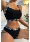 Kadın Siyah Çapraz Sırt Ve Love Yazı Detaylı Iç Çamaşır Takımı