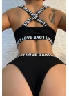 Kadın Siyah Çapraz Sırt Ve Love Yazı Detaylı Iç Çamaşır Takımı