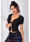 Kadın Siyah Çift Fermuarlı Yarım Kol Crop Top Bluz
