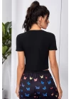 Kadın Siyah Çift Fermuarlı Yarım Kol Crop Top Bluz
