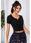 Kadın Siyah Çift Fermuarlı Yarım Kol Crop Top Bluz