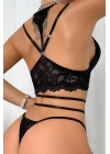 Kadın Siyah Çift Sıra Çapraz Askılı Cut-Out Tanga Detaylı Şık Takım