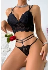 Kadın Siyah Çift Sıra Çapraz Askılı Cut-Out Tanga Detaylı Şık Takım