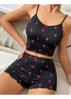 Kadın Siyah Çilek Desenli Seksi Gecelik Takım 6644
