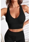 Kadın Siyah Derin Göğüs Dekolteli Şık Crop Top Bluz