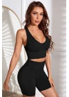 Kadın Siyah Derin Göğüs Dekolteli Şık Crop Top Bluz