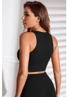 Kadın Siyah Derin Göğüs Dekolteli Şık Crop Top Bluz