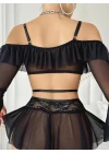 Kadın Siyah Etek Bustiyer Sexy Gecelik Takım 3831
