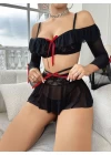 Kadın Siyah Etek Bustiyer Sexy Gecelik Takım 3831