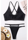 Kadın Siyah File Detaylı Özel Bikini Takımı