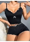 Kadın Siyah Fitilli Askılı Şortlu Pijama Takım 6659