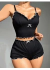 Kadın Siyah Fitilli Askılı Şortlu Pijama Takım 6659