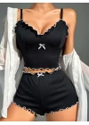 Kadın Siyah Fitilli Askılı Şortlu Pijama Takım 6659