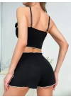 Kadın Siyah Fitilli Askılı Şortlu Pijama Takım 6659