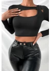 Kadın Siyah Göğüs Dekolteli Çapraz Askılı Uzun Kollu Crop Top Bluz