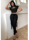 Kadın Siyah Göğüs Dekolteli Yarım Kollu Cut Out Crop Top Bluz
