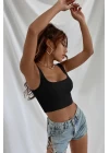 Kadın Siyah Kalın Askılı Crop Top Büstiyer