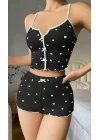 Kadın Siyah Kalp Desenli Askılı Şortlu Pijama Takım 6650