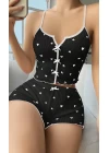 Kadın Siyah Kalp Desenli Askılı Şortlu Pijama Takım 6650
