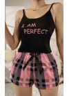 Kadın Siyah Kare Desenli Askılı Şortlu Pijama Takım 6652