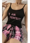 Kadın Siyah Kare Desenli Askılı Şortlu Pijama Takım 6652