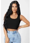 Kadın Siyah Kare Yaka Crop Top Bluz