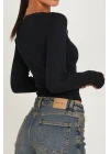 Kadın Siyah Kare Yaka Dantelli Uzun Kollu Crop Top Bluz
