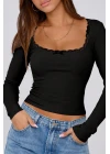 Kadın Siyah Kare Yaka Dantelli Uzun Kollu Crop Top Bluz