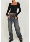 Kadın Siyah Kare Yaka Dantelli Uzun Kollu Crop Top Bluz