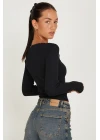 Kadın Siyah Kare Yaka Dantelli Uzun Kollu Crop Top Bluz