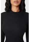 Kadın Siyah Kaşkorse Balıkçı Yaka Uzun Kollu Bodycon Mini Elbise