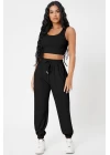 Kadın Siyah Kaşkorse Cepli Jogger Eşofman Altı ve Crop Top Bluz
