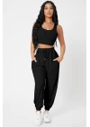 Kadın Siyah Kaşkorse Cepli Jogger Eşofman Altı Ve Crop Top Bluz
